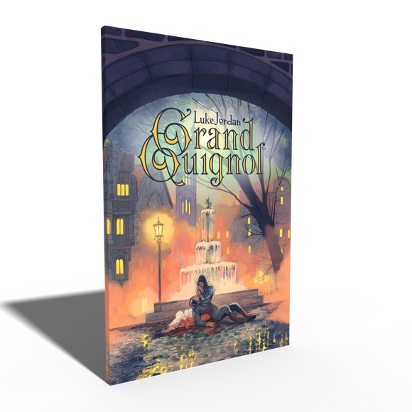 Book cover of 'Grand Guignol' by Luke Jordan with a city street scene illustration.