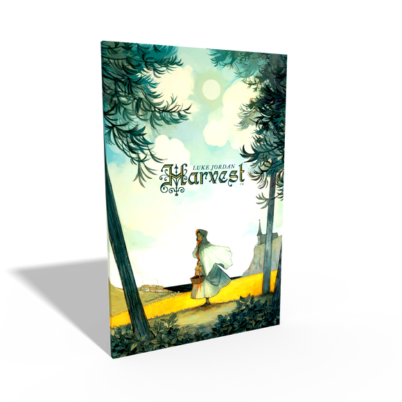 Book cover of 'Harvest' by Luke Ford with a person walking on a path under trees.