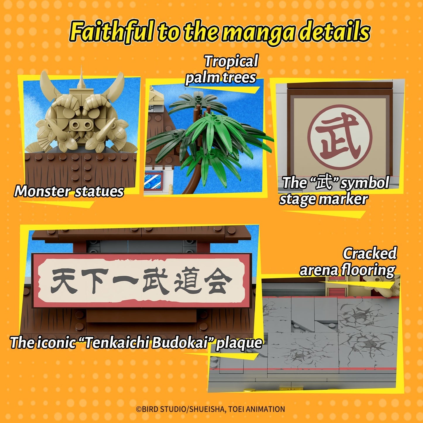 Collage of LEGO elements inspired by manga, including monster statues, palm trees, and a stage marker with a 'W' symbol.