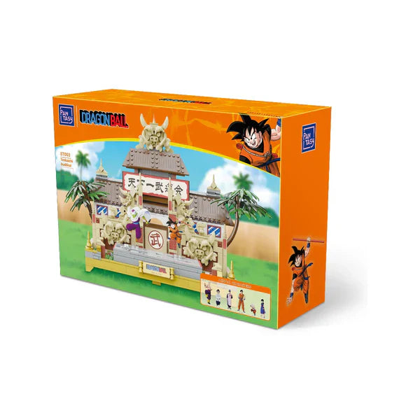Dragon Ball toy set packaging with characters and temple design on an orange background