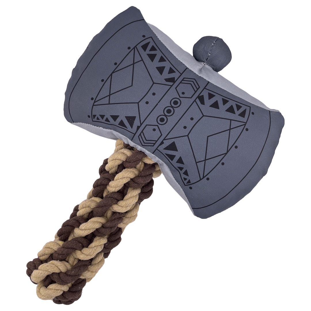 Toy axe with a gray head and braided brown and beige handle on a white background