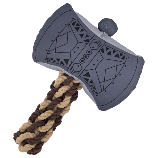 Toy axe with a gray head and braided brown and beige handle on a white background