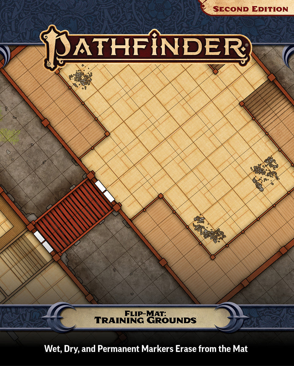 Pathfinder game mat with 'Second Edition' branding and 'Training Grounds' description.