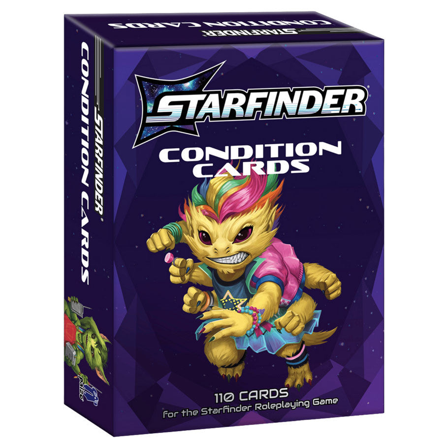 Starfinder Condition Cards packaging with a colorful character on a purple background