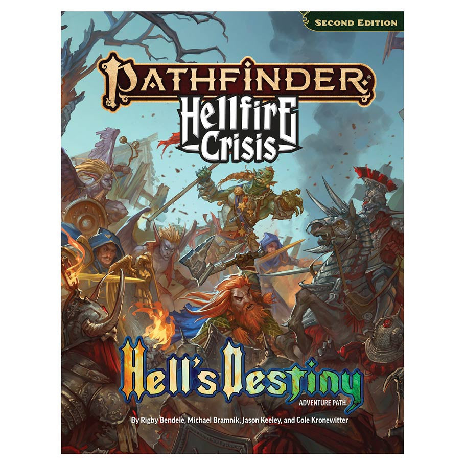 Pathfinder Hellfire Crisis book cover with characters and text on a white background
