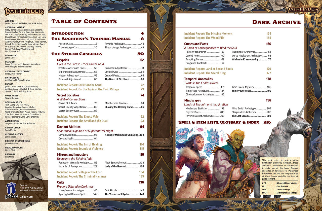 Table of contents and dark archive page from a fantasy role-playing game book.