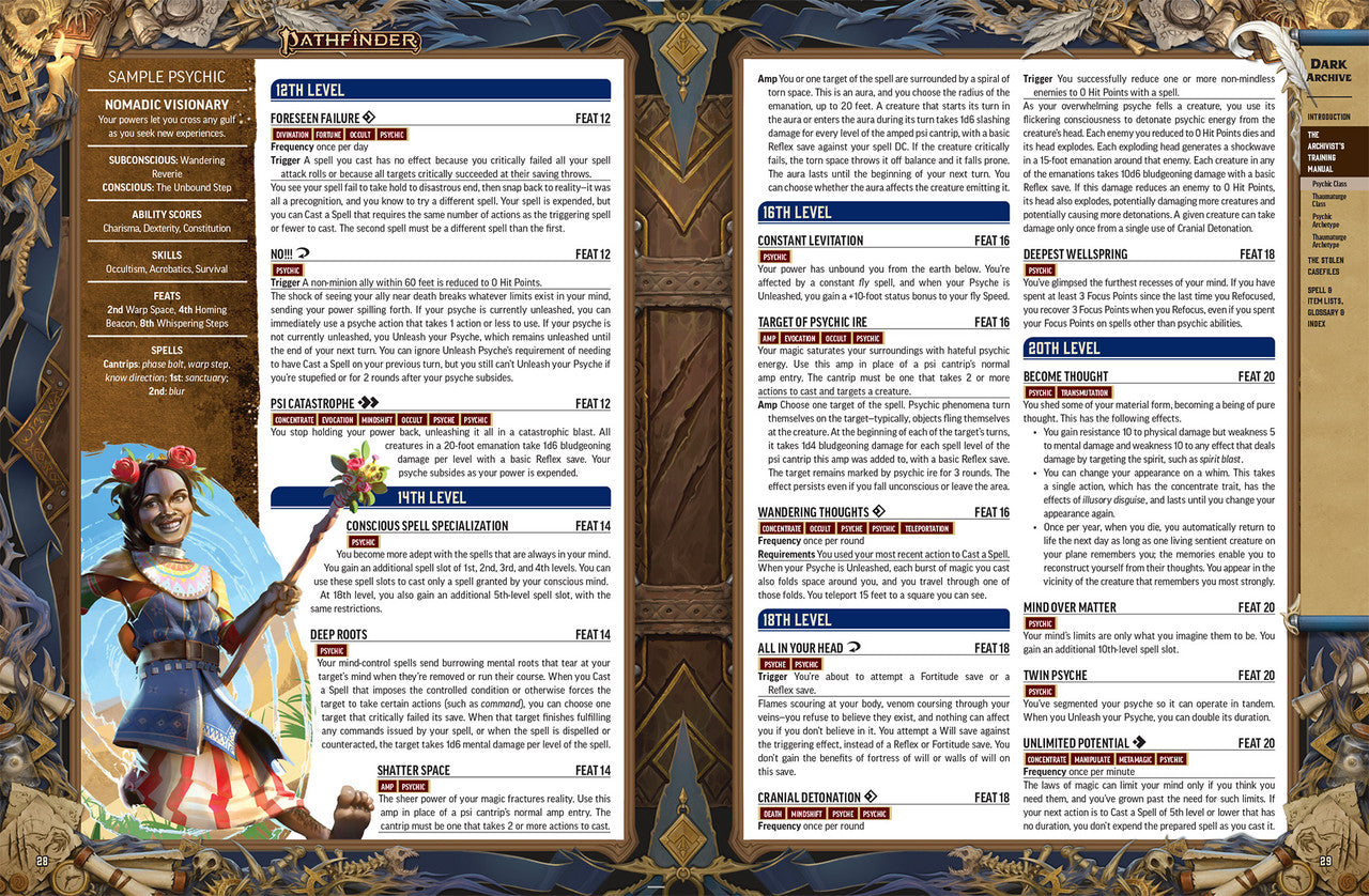 Pathfinder game character sheet with detailed information and an illustration of a character.