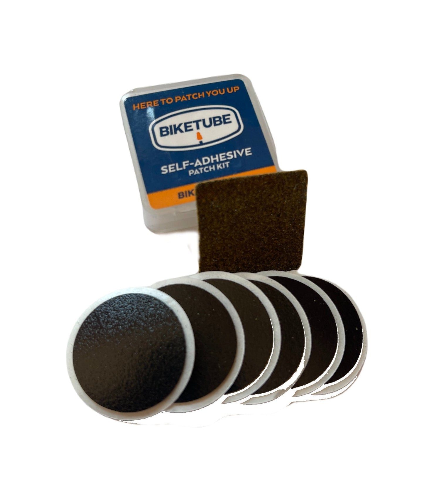 Biketube self-adhesive patch kit with patches on a white background