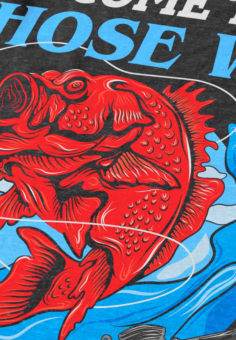 Red fish illustration on a blue and black background with text