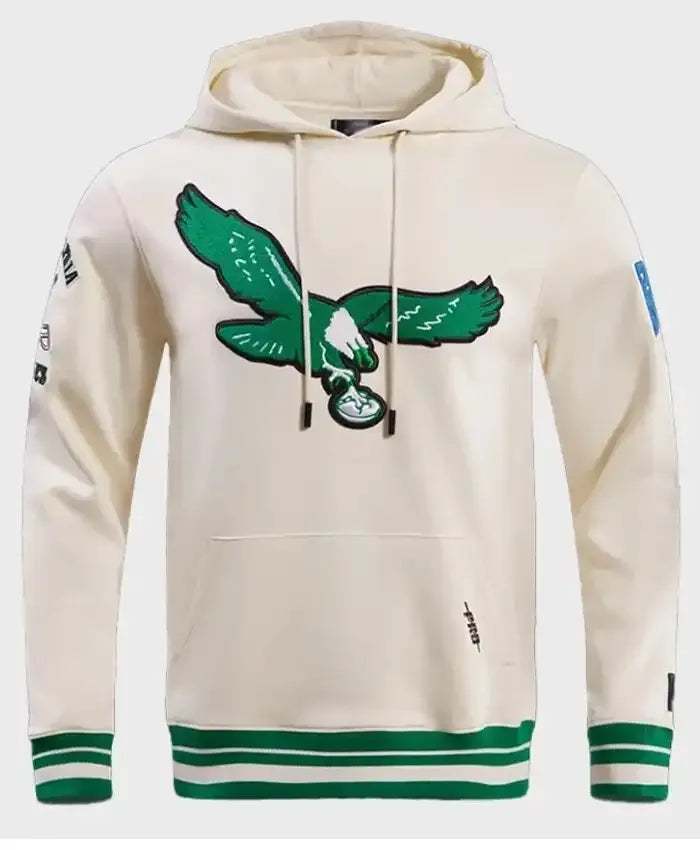 Beige hoodie with green eagle logo on a white background