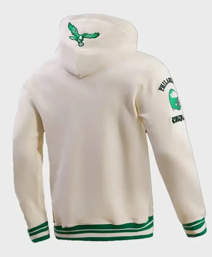 White hoodie with green accents and branding on a light gray background