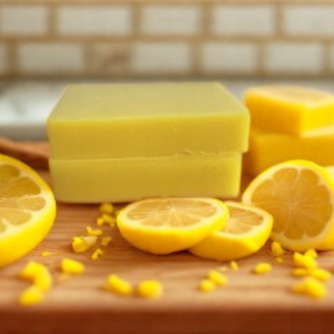 Lemon Zest- Lemon Scented Handmade Soap bar with lemon slices on a wooden surface