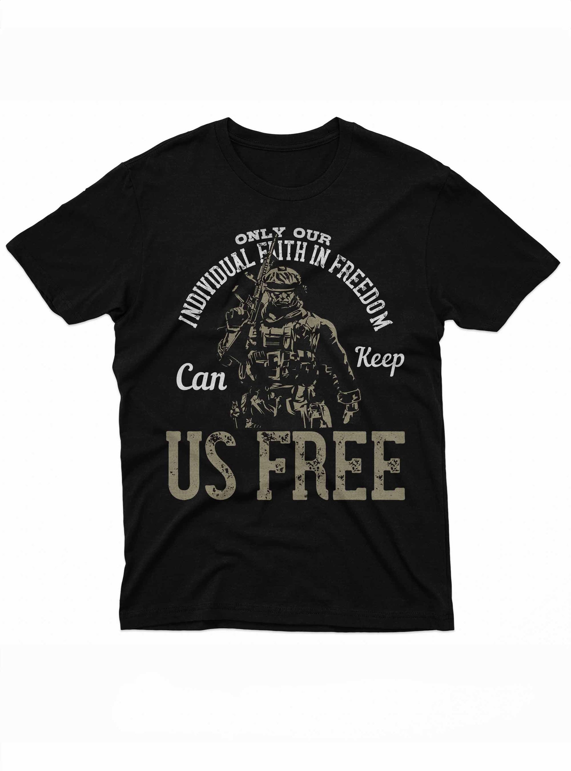 Black t-shirt with military graphic and text on a white background