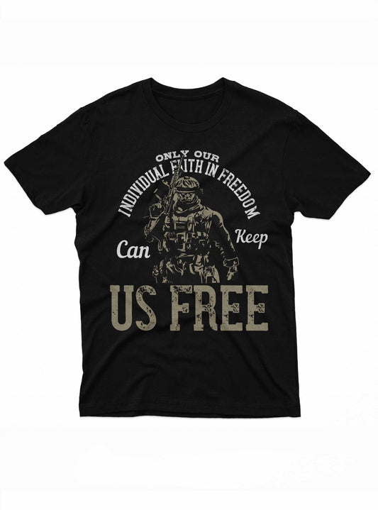 Black t-shirt with military graphic and text on a white background