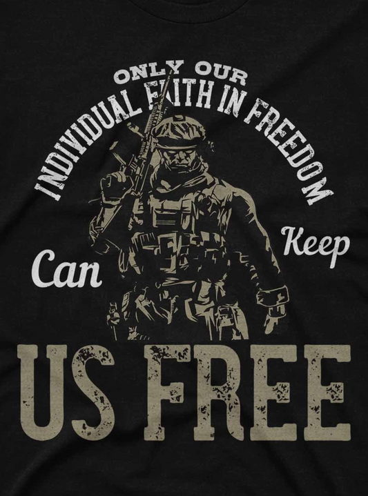 Black t-shirt with a graphic of a soldier and text on a dark background