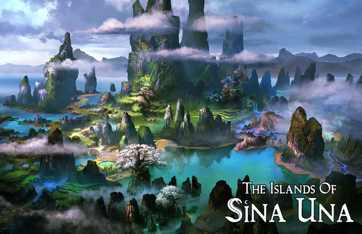 Fantasy landscape with towering islands and misty skies, featuring the text 'The Islands of Sina Una'.