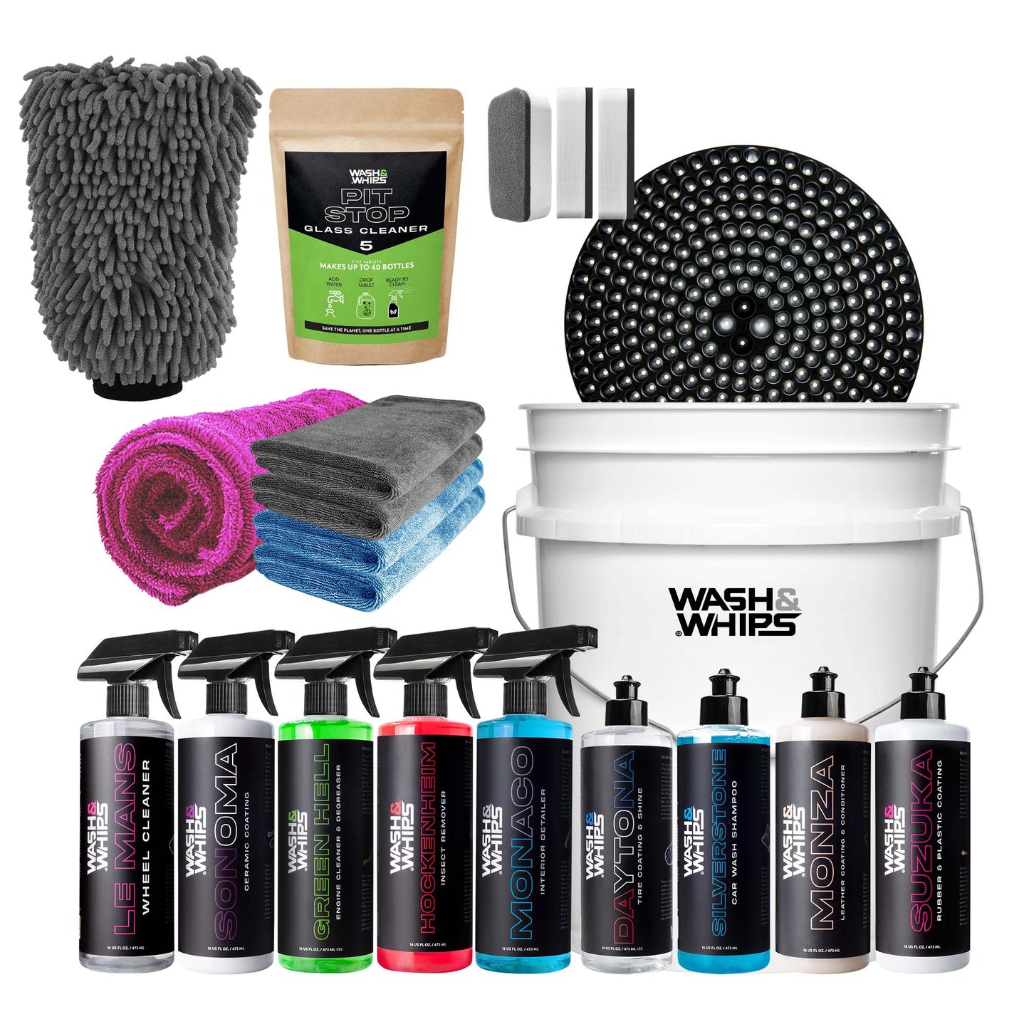Collection of car care products including cloths, a bucket, and various bottles on a white background.