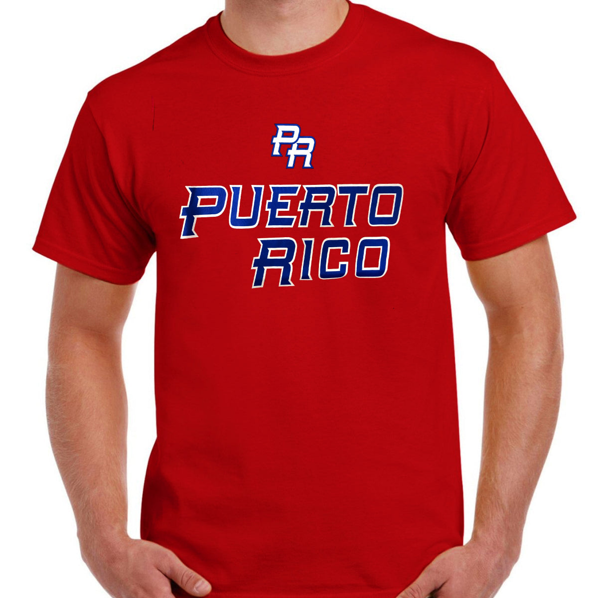 Red t-shirt with 'PUERTO RICO' text and logo on a white background