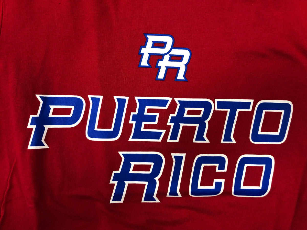 Red shirt with 'PR Puerto Rico' text and logo on a red background