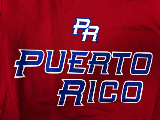 Red shirt with 'PR Puerto Rico' text and logo on a red background