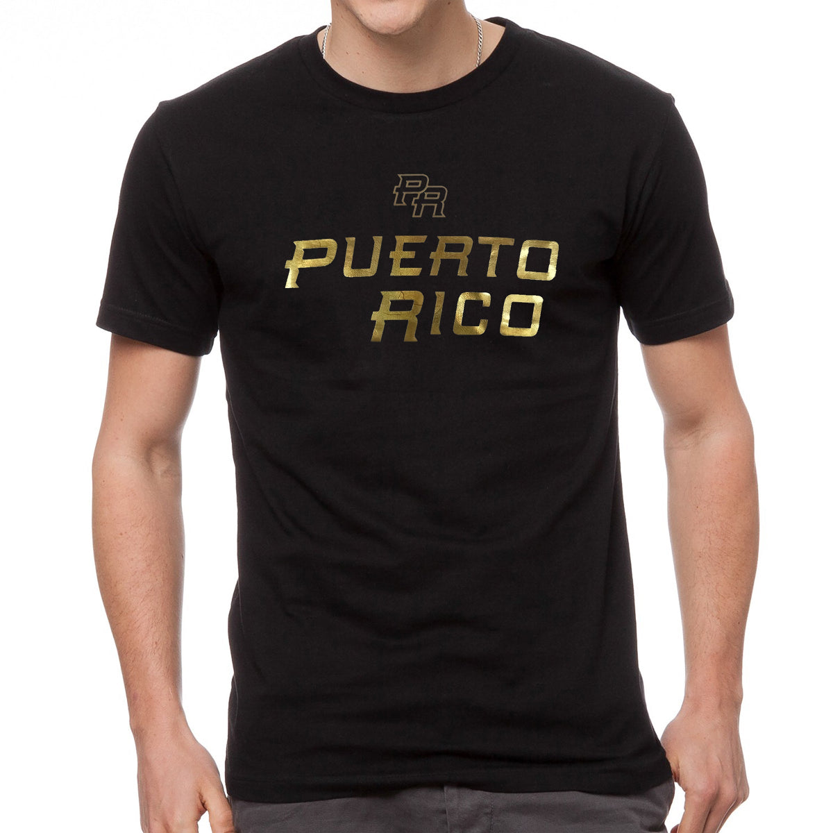 Black t-shirt with 'Puerto Rico' printed in gold on a white background