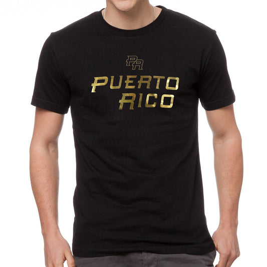 Black t-shirt with 'Puerto Rico' printed in gold on a white background