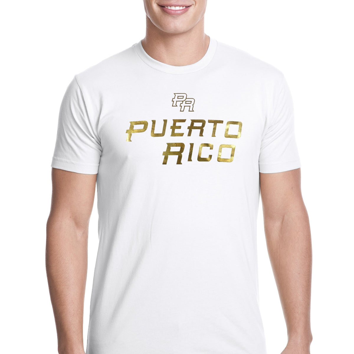 Person wearing a white t-shirt with 'Puerto Rico' printed in gold on a white background
