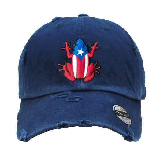 Blue cap with a red, white, and blue frog design on a white background