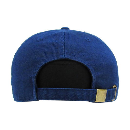 Back of Blue cap with a gold buckle on a white background
