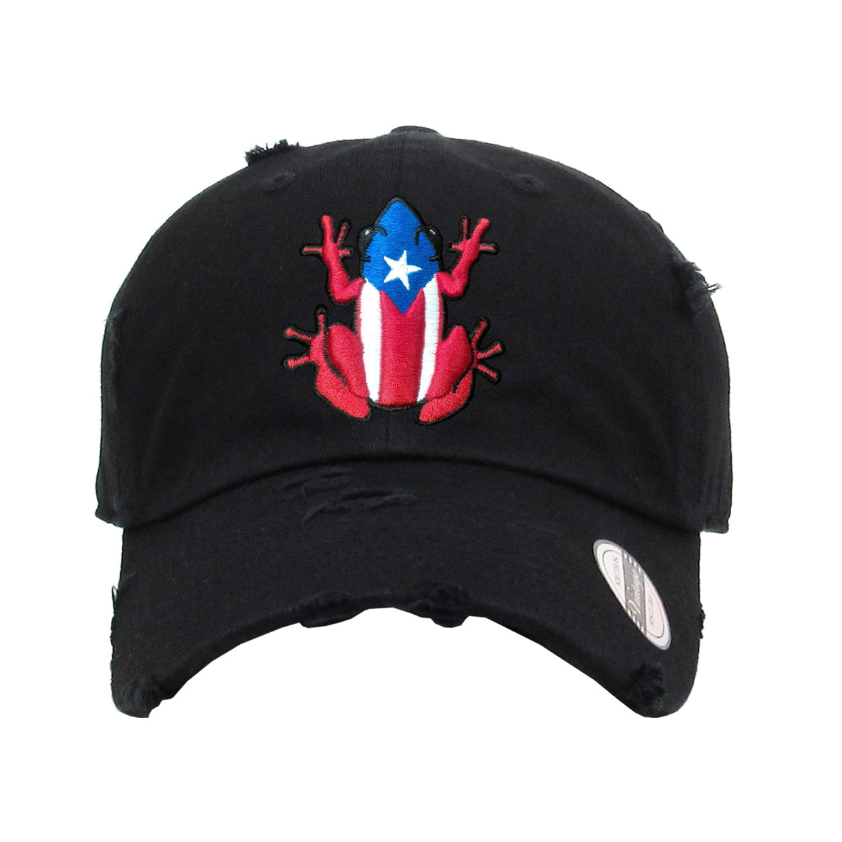Black cap with a red, white, and blue frog embroidered on it against a white background