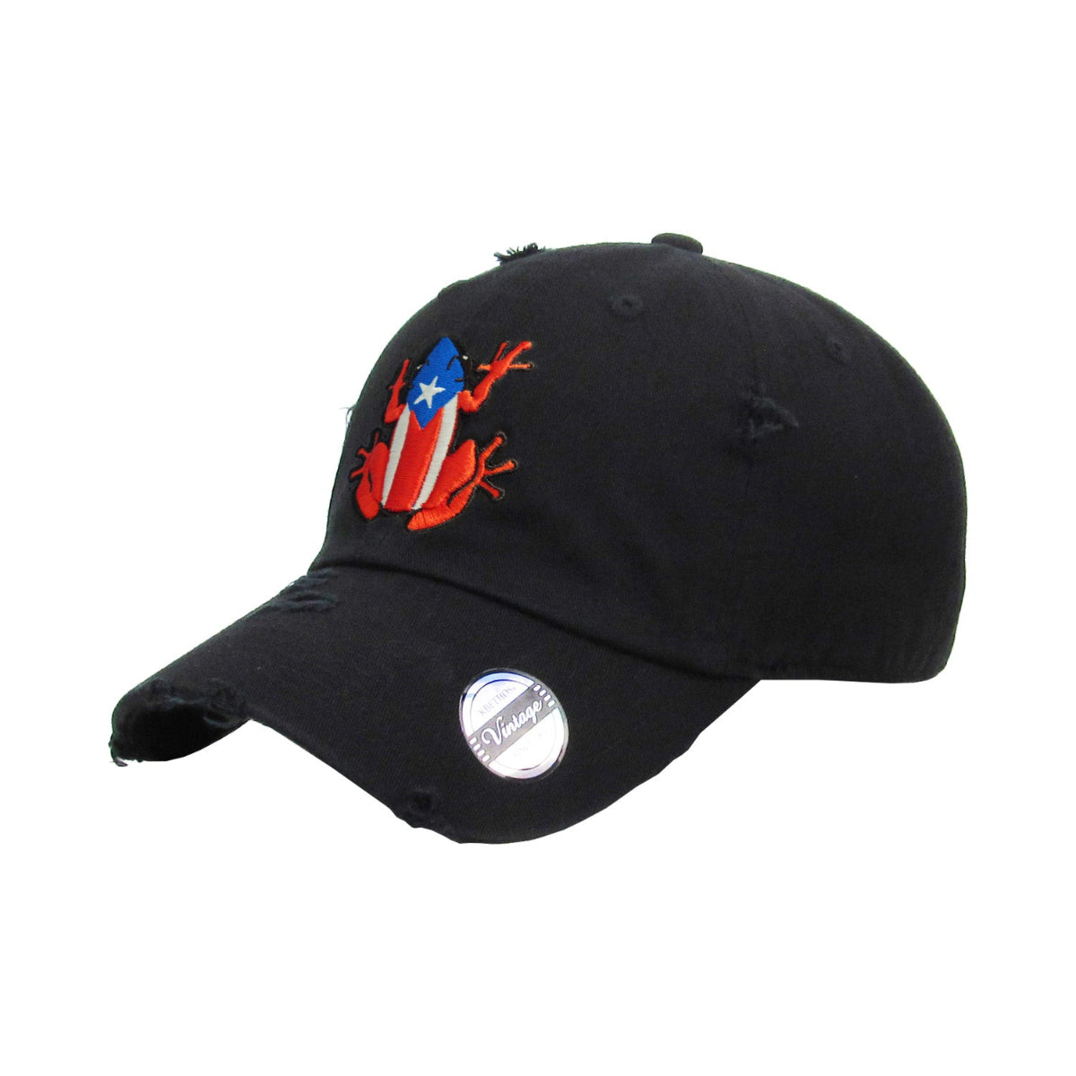 Black baseball cap with a coqui frog logo on a white background