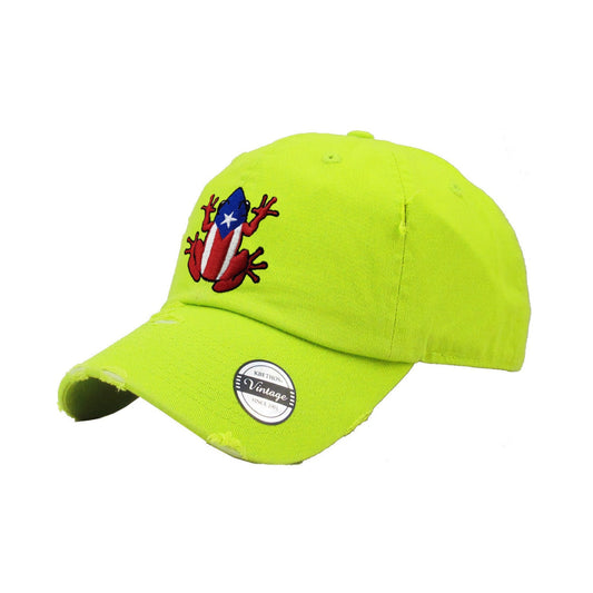 Lime green cap with a coqui frog and Puerto Rican flag design on a white background