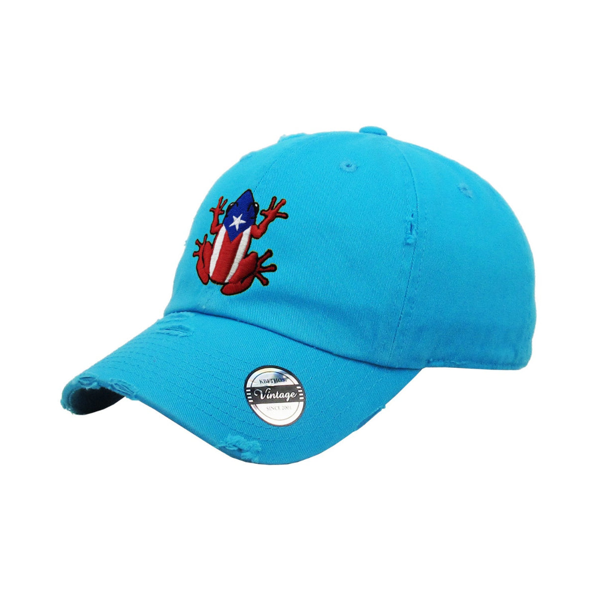 Light Blue cap with a coqui frog graphic design on a white background