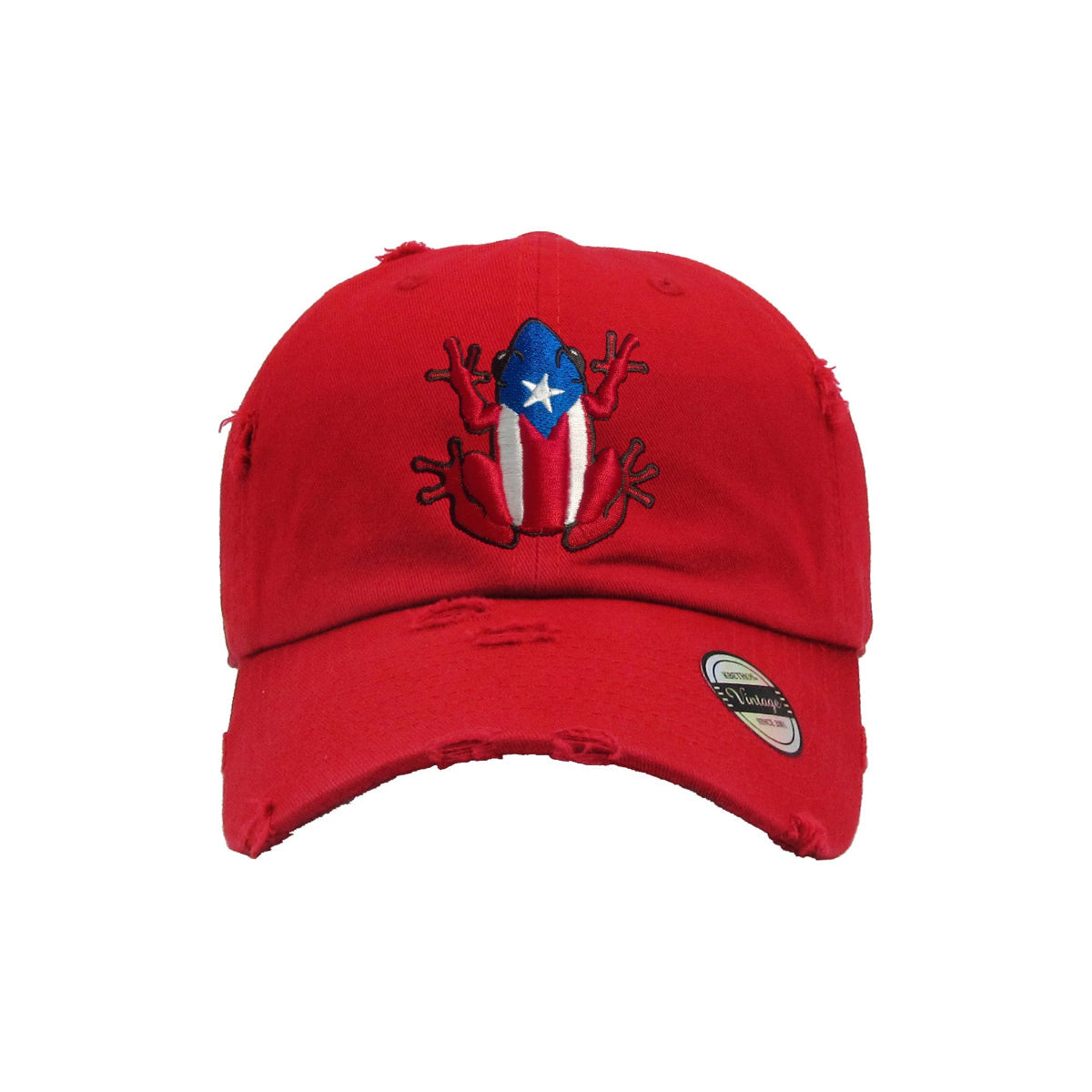 Red cap with embroidered design on a white background