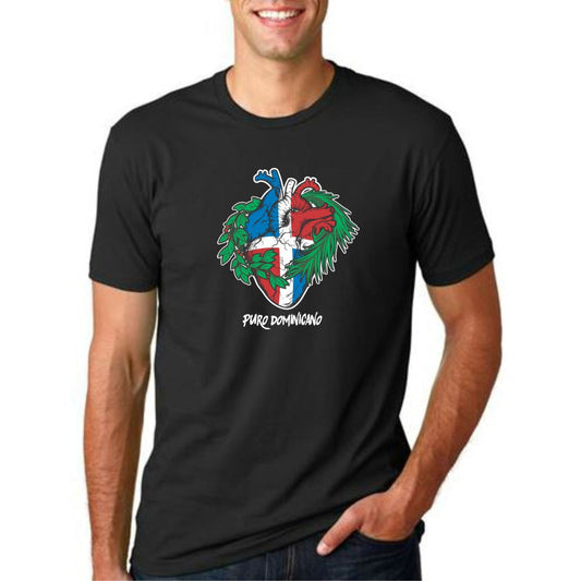 Person wearing a black t-shirt with a colorful graphic design on a white background