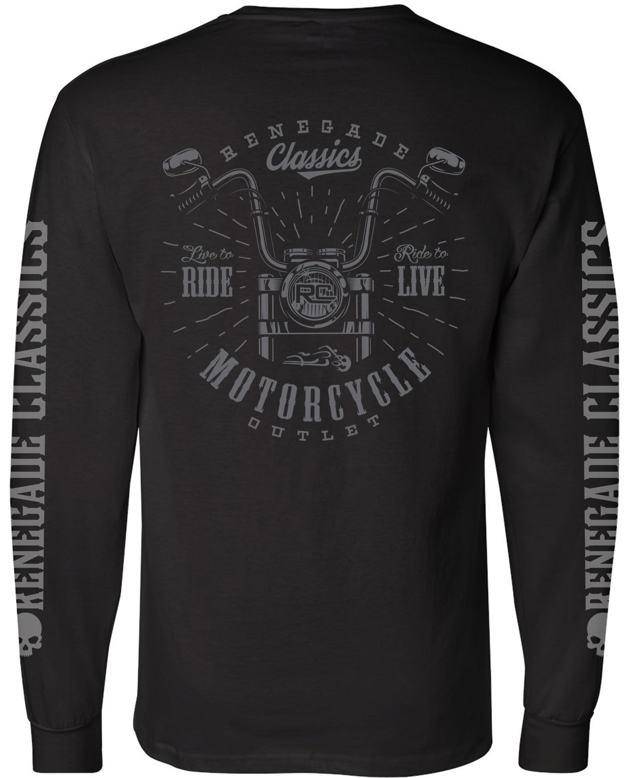 Black long sleeve T-shirt with full back print featuring a motorcycle and text, left chest print, and sleeve print with the text 'Ride & Live'. The T-shirt has a classic width, rib collar, and rib knit cuffs.
