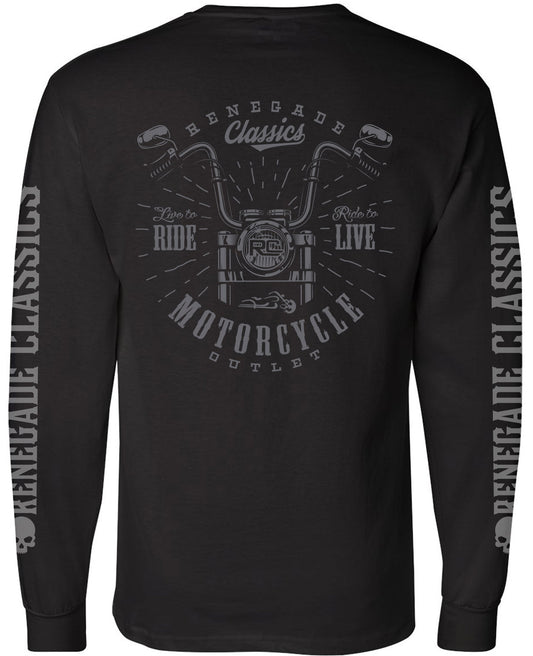 Black long sleeve T-shirt with full back print featuring a motorcycle and text, left chest print, and sleeve print with the text 'Ride & Live'. The T-shirt has a classic width, rib collar, and rib knit cuffs.
