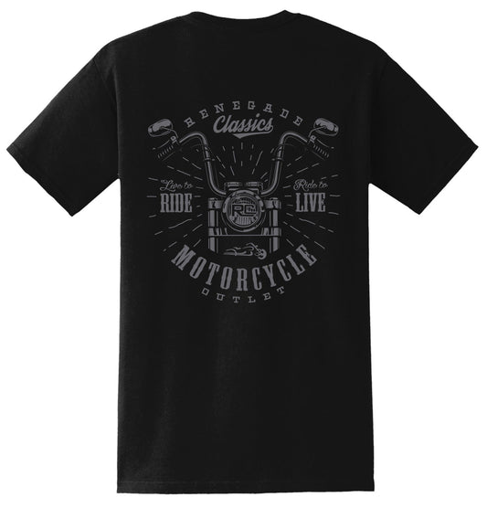 Black crew neck t-shirt with short sleeves and a graphic print in the center that features a motorcycle and the text 'Ride & Live'.