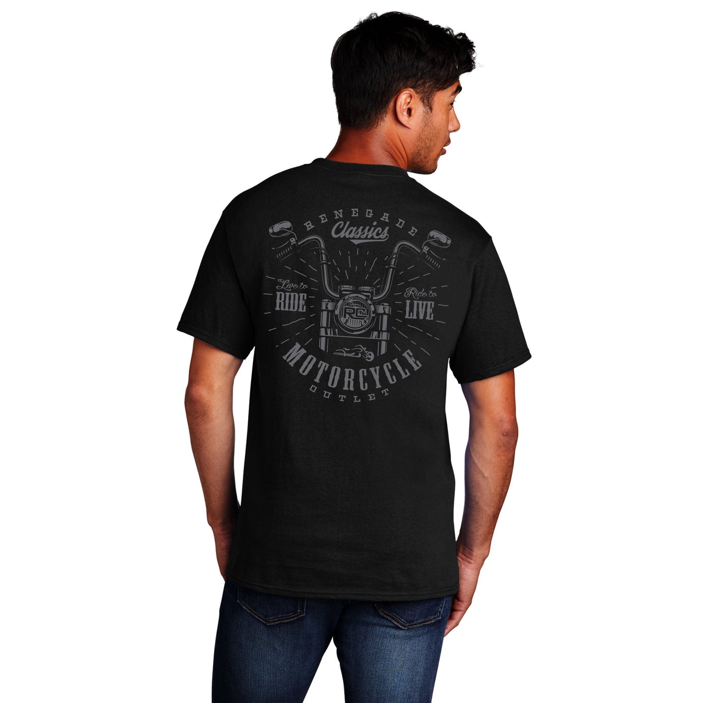 Man wearing RC Handlebar Tshirt back view