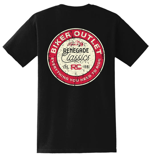 Black crew neck t-shirt with a round red and white 'Biker Outlet Renegade Classics' print on the front.