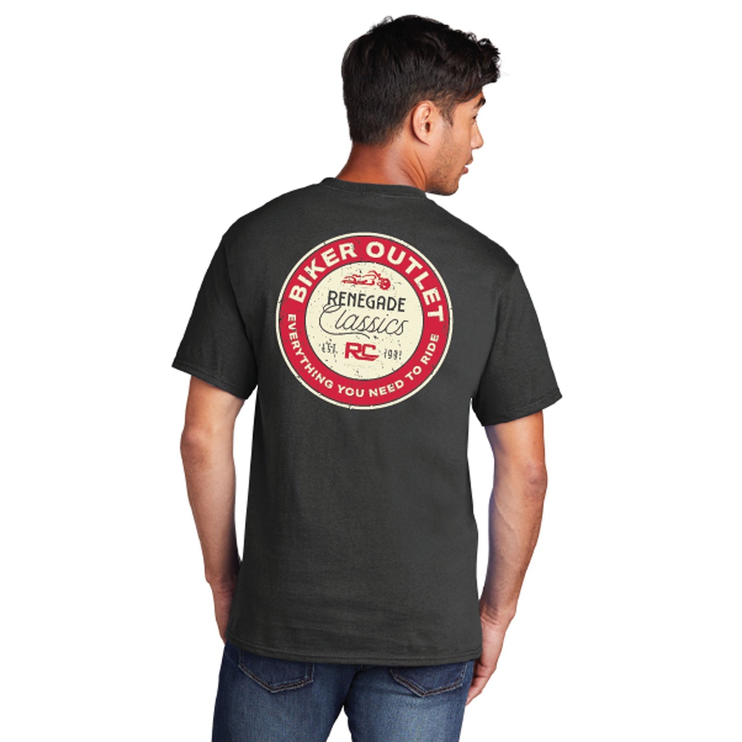 Man wearing Black crew neck t-shirt with a round red and white 'Biker Outlet Renegade Classics' print on the back.
