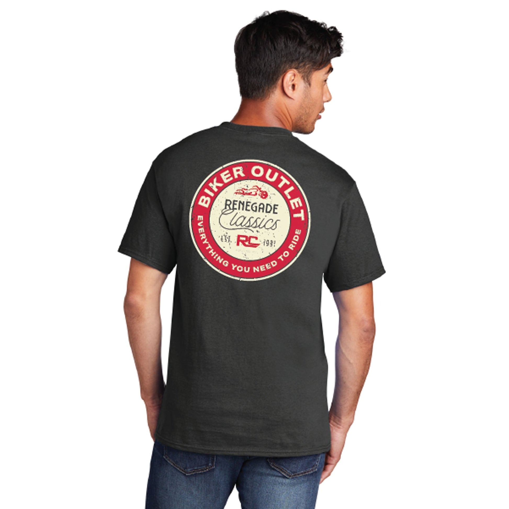 Man wearing Black crew neck t-shirt with a round red and white 'Biker Outlet Renegade Classics' print on the back.
