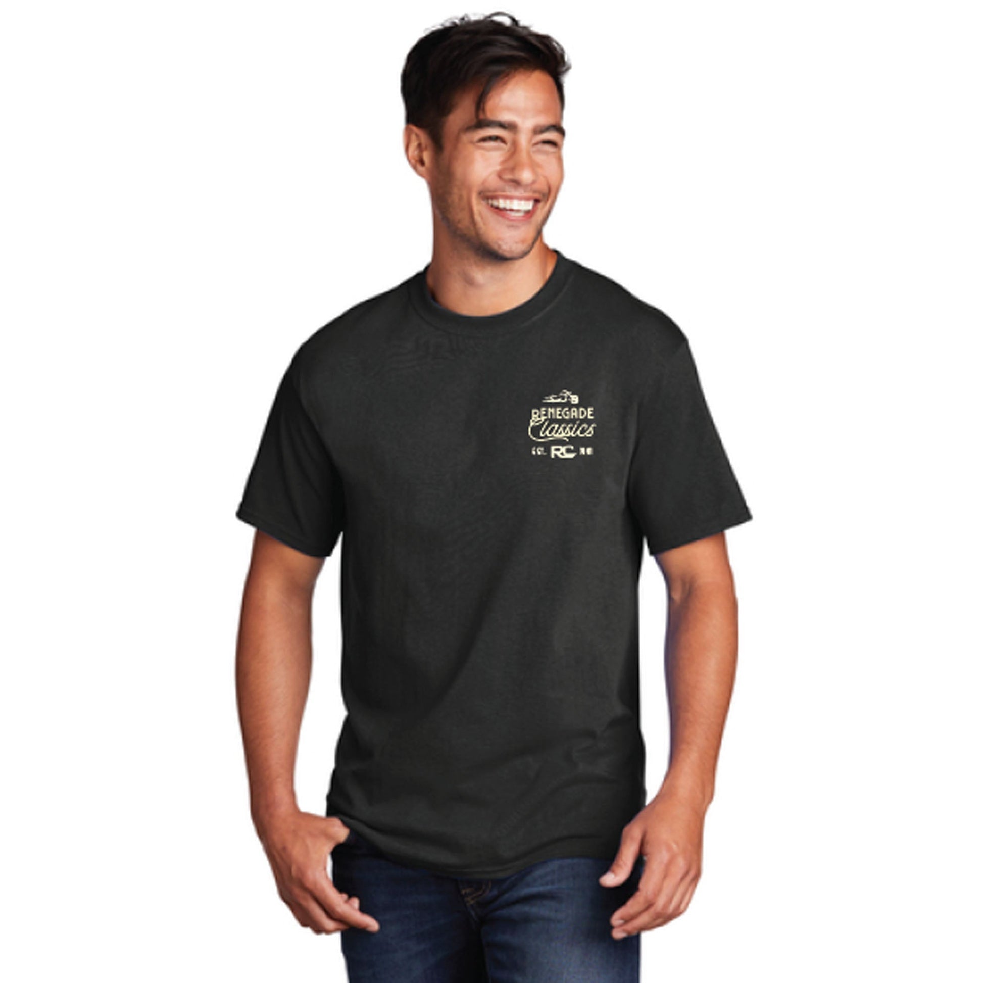 Man wearing Black crew neck t-shirt with a round red and white 'Biker Outlet Renegade Classics' print on the front.