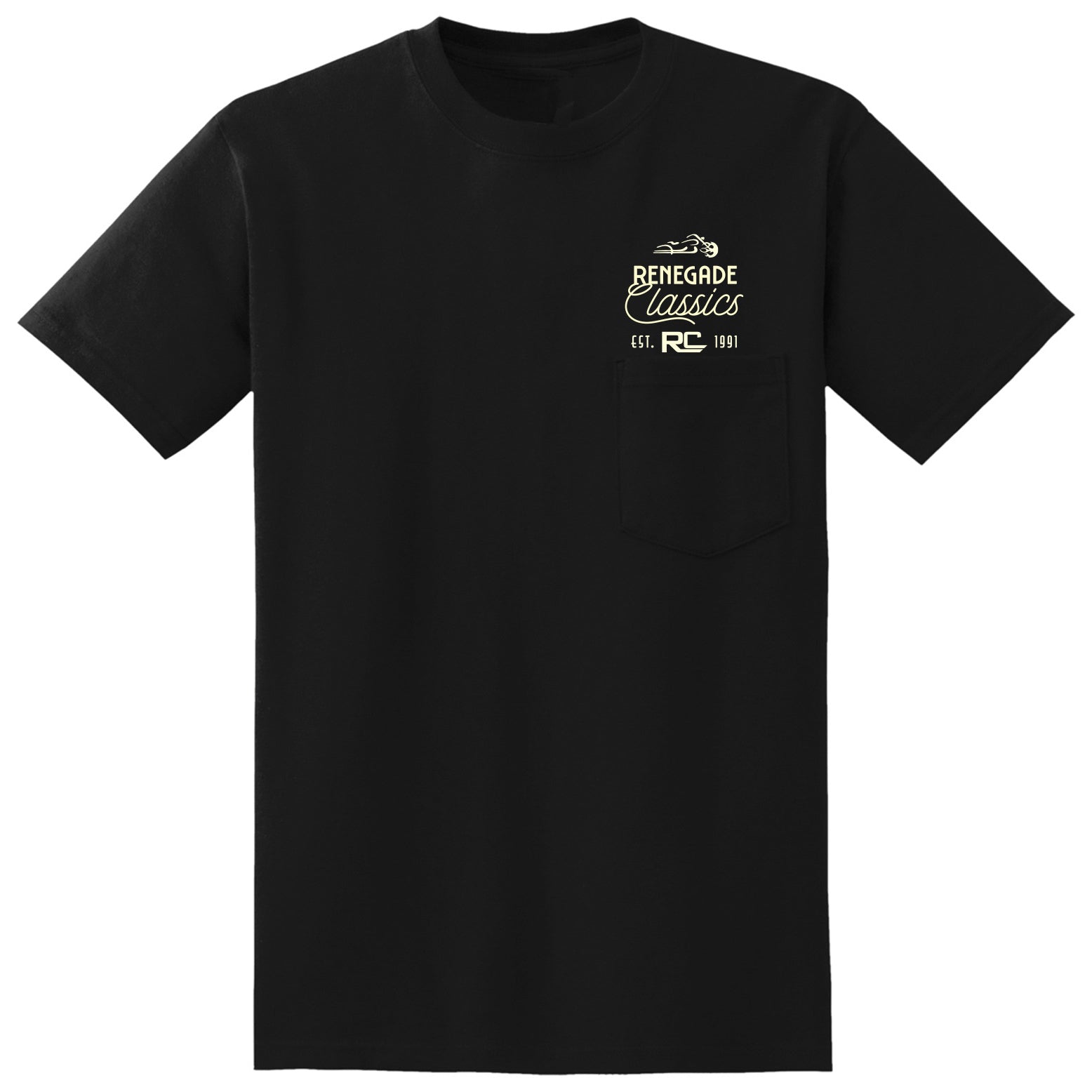 Front of Black crew neck t-shirt with a round red and white 'Biker Outlet Renegade Classics' print on the front.
