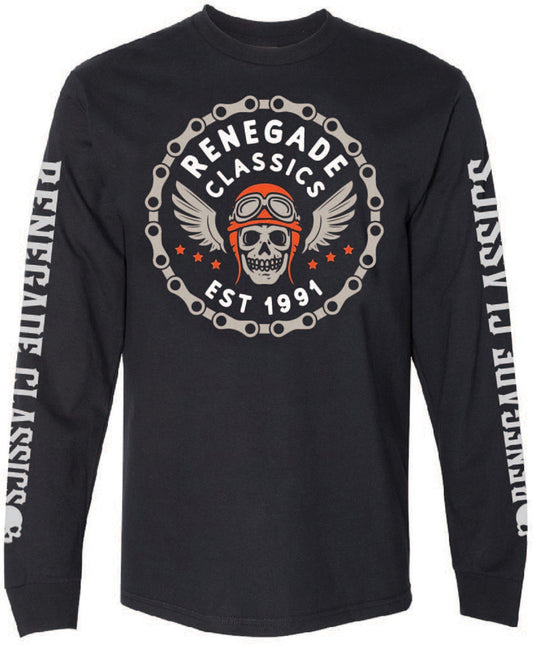 A black long-sleeve T-shirt with a round full back print featuring a skull and wings design, and text that reads 'RENEGADE CLASSICS EST 1991'. The brand name is also printed along the sleeves.