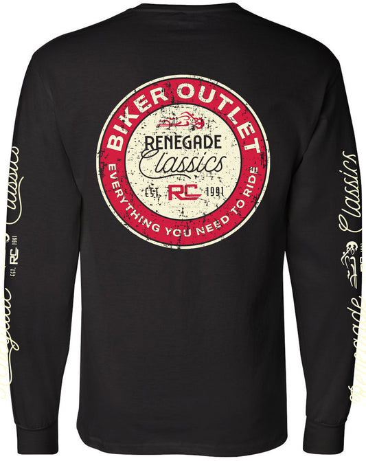 A long sleeve black t-shirt with a round red and white 'Biker Outlet Renegade Classics' graphic on the back and text on the sleeves.
