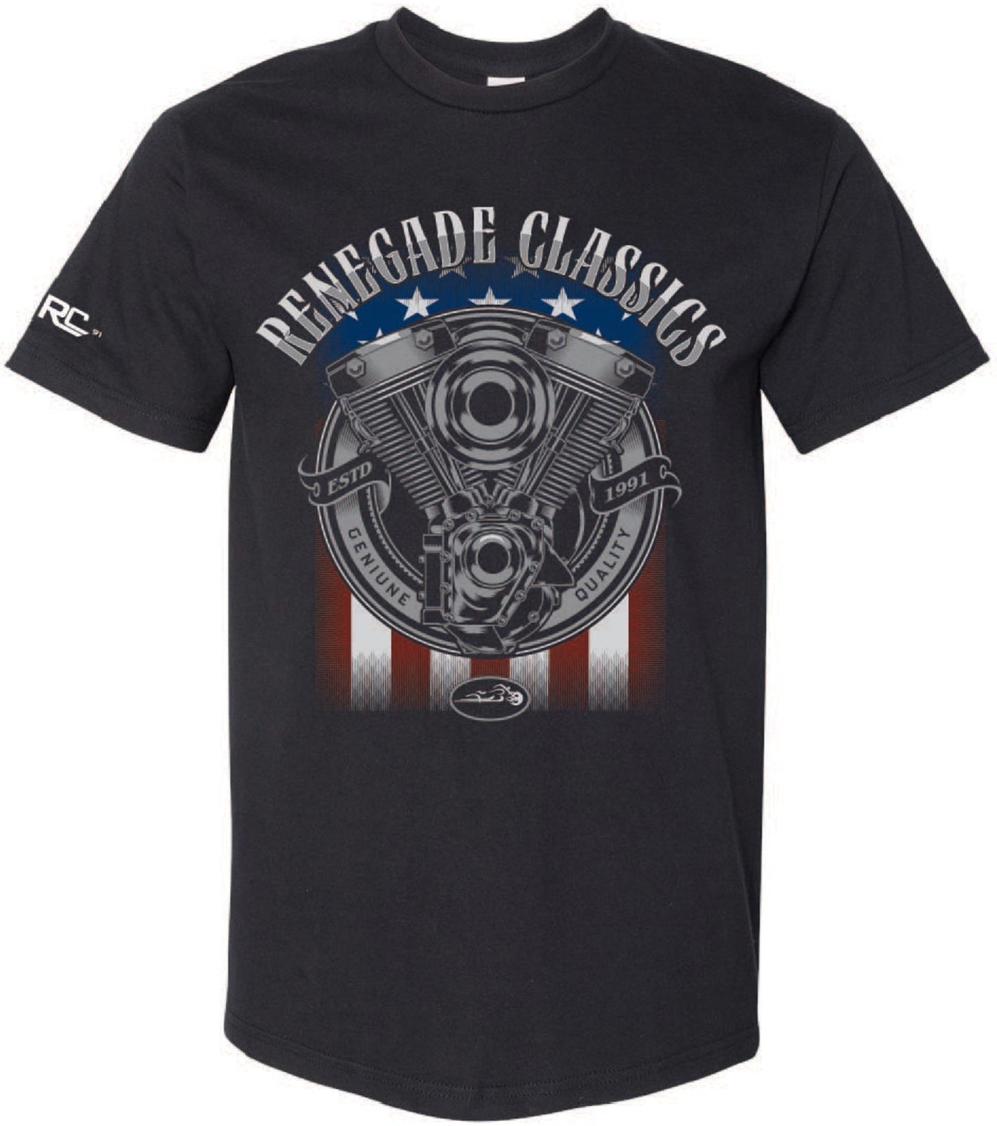 Black Renegade Classics flag T-shirt with a front print of a engine and the brand name, featuring a crew collar and double-needle stitching.