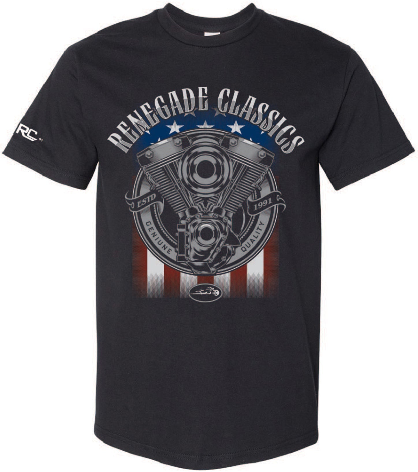 Black Renegade Classics flag T-shirt with a front print of a engine and the brand name, featuring a crew collar and double-needle stitching.