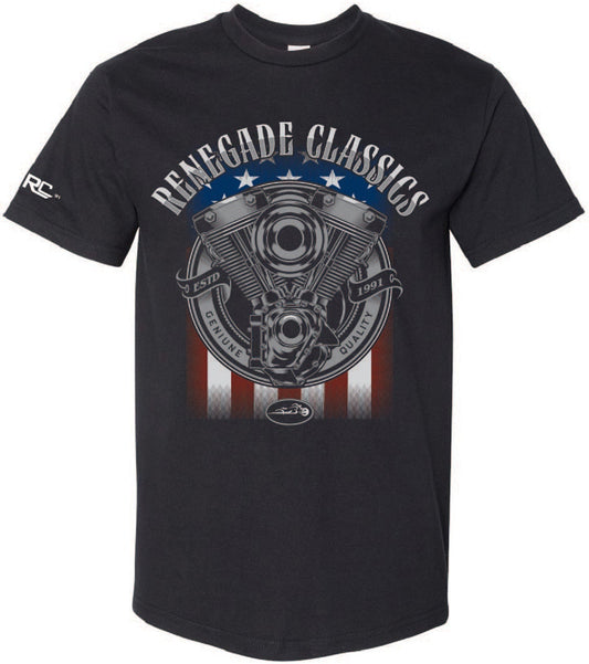 Black Renegade Classics flag T-shirt with a front print of a engine and the brand name, featuring a crew collar and double-needle stitching.