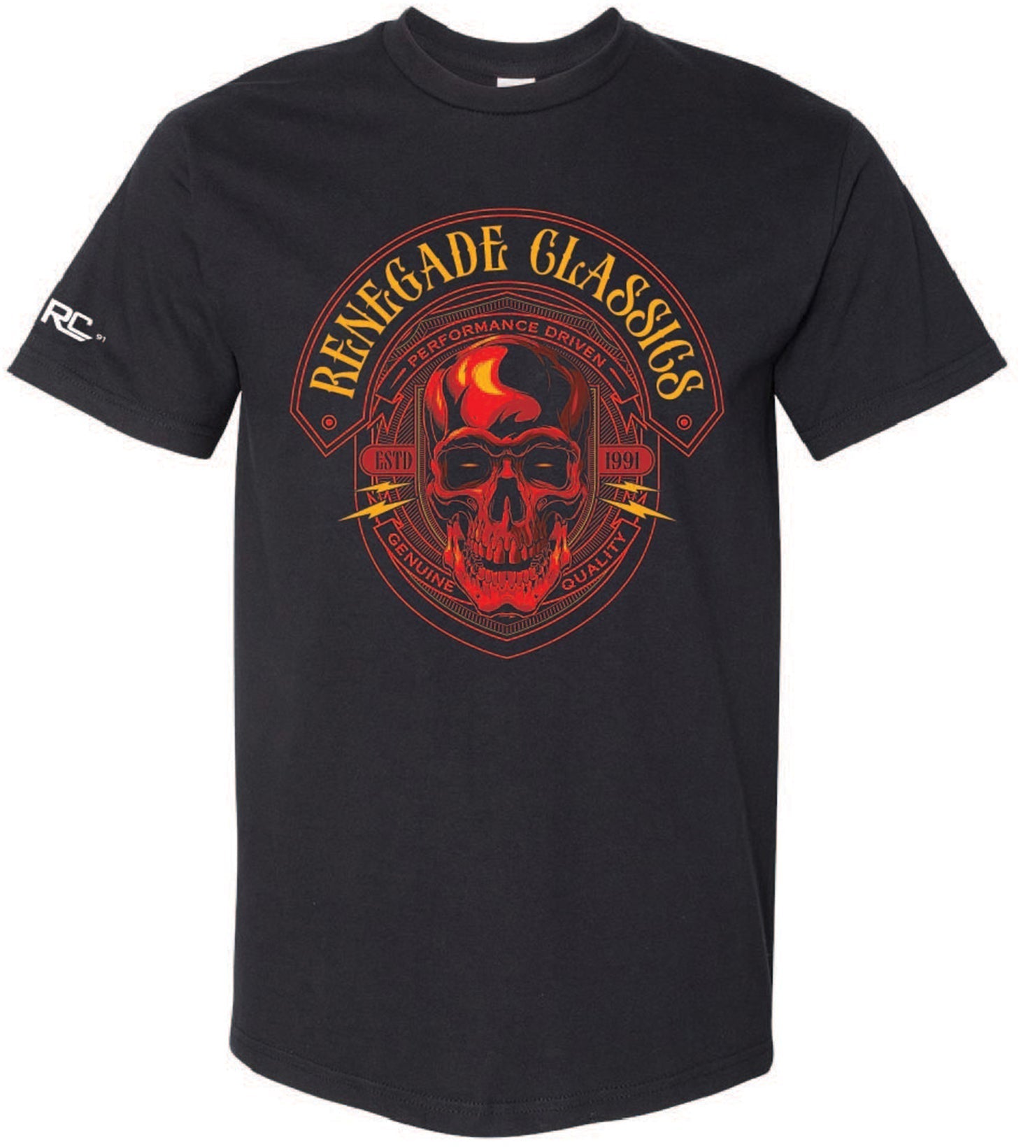 Black Renegade Classics T-shirt with a red skull print on the front and small prints on the sleeves.